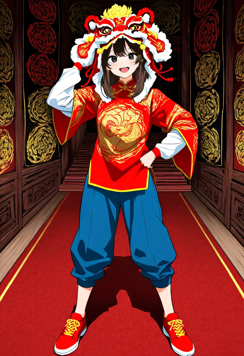 Lion dance hat， lion dance，A lively digital anime-style drawing captures a young girl rocking a traditional Chinese lion dance outfit. The kid's  standing on a red carpet. He's decked out in a red long-sleeved shirt with gold patterns， blue pants， and red shoes. 