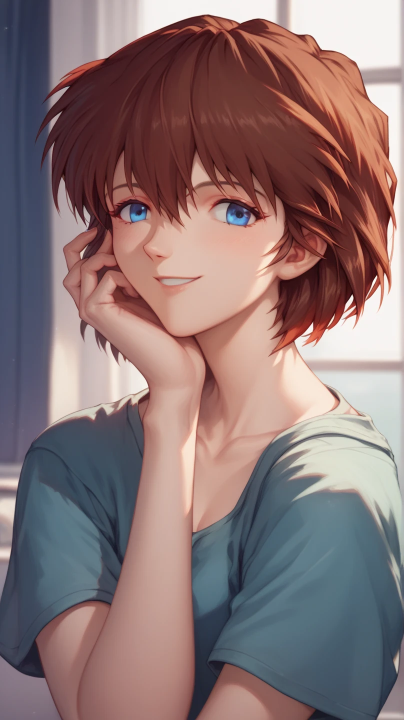 Mana Kirishima, Evangelion style, blue eyes, perfect eyes, hand perfect, adult woman, short hair, brown hair, housewife, married, Smile, looking at the spectator.