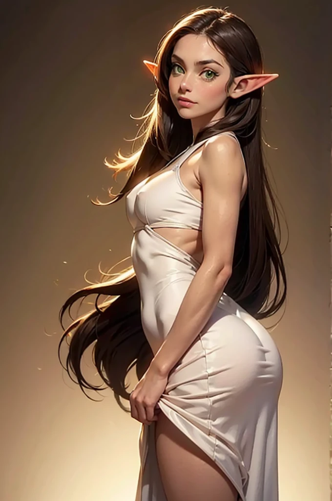 30 year old, beautiful, green eyes, long and straight brown hair, elf ears, smug facial expression, fit body, rounded ass, medium breasts, facing viewer, full body, wearing a white silk dress, Forrest setting, dim lighting