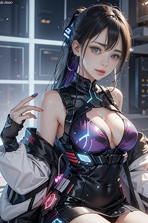 Game Art，  highest image quality taken by Ki ， Highest Resolution ，8k，((Bust photo))，(( portrait))，(3-part construction )，  Unreal Engine 5 Rendering ， ( Future Girl)，Super cleavage、ultra tight skirt、( Female Warrior)， 22 year old girl，( Long ponytail hairstyle in red and blue shades )，( Beautiful Eyes with Great Attention to Details)，(Big Breasted )，Elegant and attractive，smile，(Frowning)，(Clothes filled with futuristic sci-fi style，  sweater  ， Delicate Patterns ，Shining Jewels，armor)，  Cyberpunk Characters ，Futuristic Style， Photo pose， street background ，Cinema Lighting， ray tracing， game cg，(( 3D Unreal Engine ))， Stroke your nipples and clitoris at the same time with a vibrator that renders a reflective pattern、 Intense Anal Caress with Aphrodisiac Lotion 、nipple piercing vibrator orgasm 、  Sitting on a Chair 、Piercing Joy、Great discovery orgasm、Dripping   wet 、Dripping   wet、  wet ,Squirting /Orgasm moans、Orgasm moansOrgasm moans、 Unstoppable Climax 、Infinite Orgasm、敏感なクリトリスにGreat discovery orgasm、Overflowing juice of love、Overflowing juice of love、