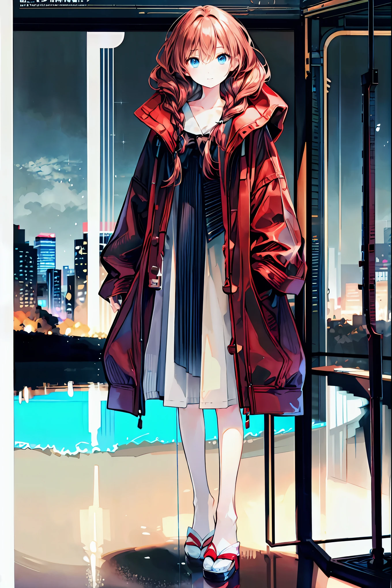 Winter clothes、Red coat、Bare legs、(   Top Quality ,masterpiece:1.3,    Ultra Fine ),(    very detailed,    caustics,8k),(    realistic :1.4,RAW shooting),18 years old,    Japanese    ,    cute,  Looking at the camera and smiling   ,(    Focus on Face   :1.2),(    face close-up   :1.2),(Low position:1.3),(    low angle:1.4),  brown hair，    shortcuts，    slender beauty    ，    messy hair，Cityscape，  brown hair，   shortcuts，   tousled hair ，  short braided hair，Neat，  Slender and beautiful woman ，Correct posture，  small breasts，   Beautiful Legs，   Enchanting gray-blue eyes shine like stars，Droopy eyes，   bright color ,   beautiful eyes,A delicate smile,  Textured Skin, BEST QUALITY BEST   ,   A humorous parody of a gentle and beautiful woman   ,   anime style､