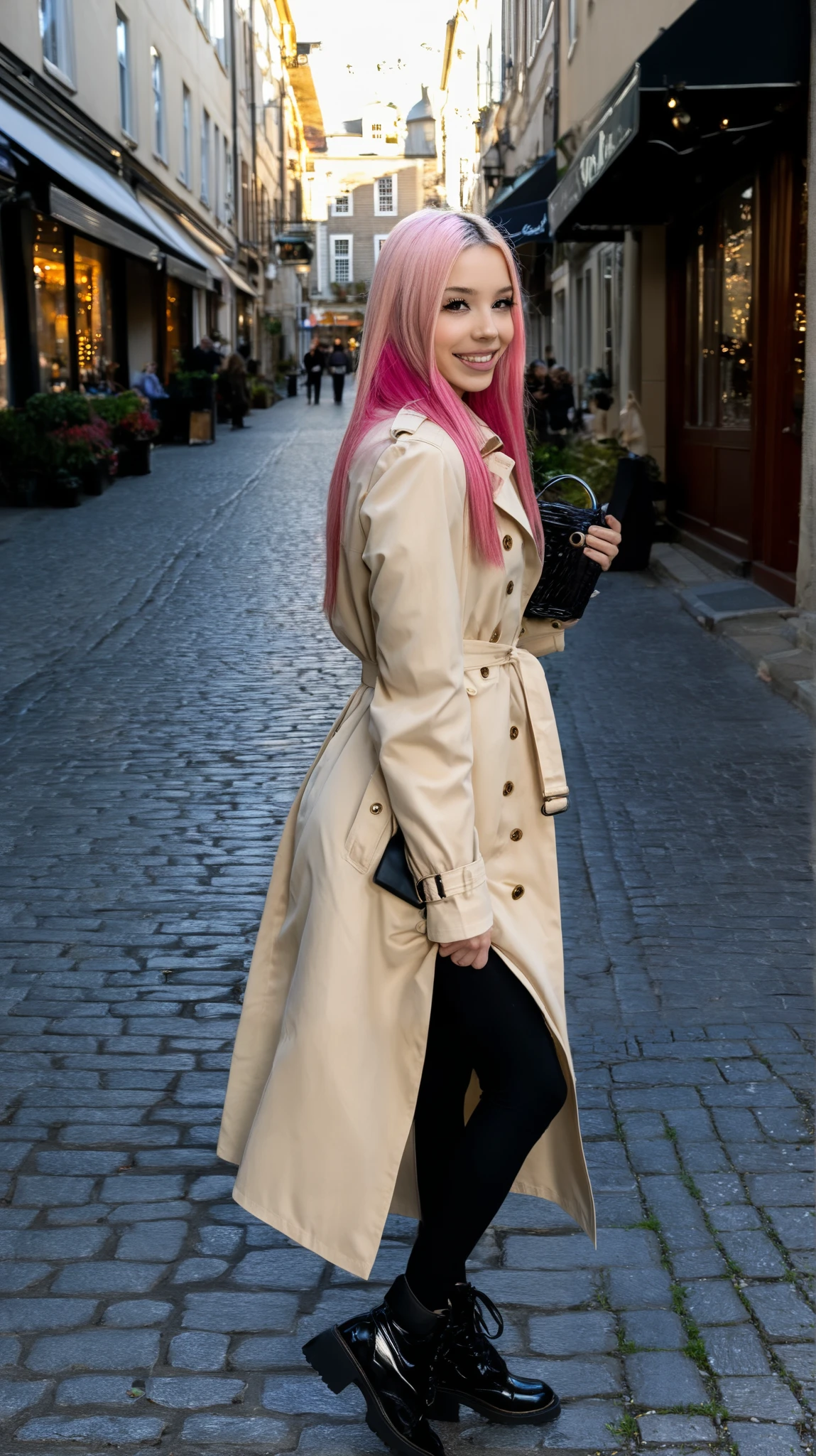 Stable_Yogis_PDXL_Positives  
score_9, score_8_up, score_7_up, score_6_up, 1girl, solo, long pink hair, natural look, wearing a stylish beige trench coat and black ankle boots, standing on a cobblestone street with shopping bags in both hands, looking at the camera with a confident smile, blush, outdoors, soft golden-hour lighting, elegant and urban vibe
