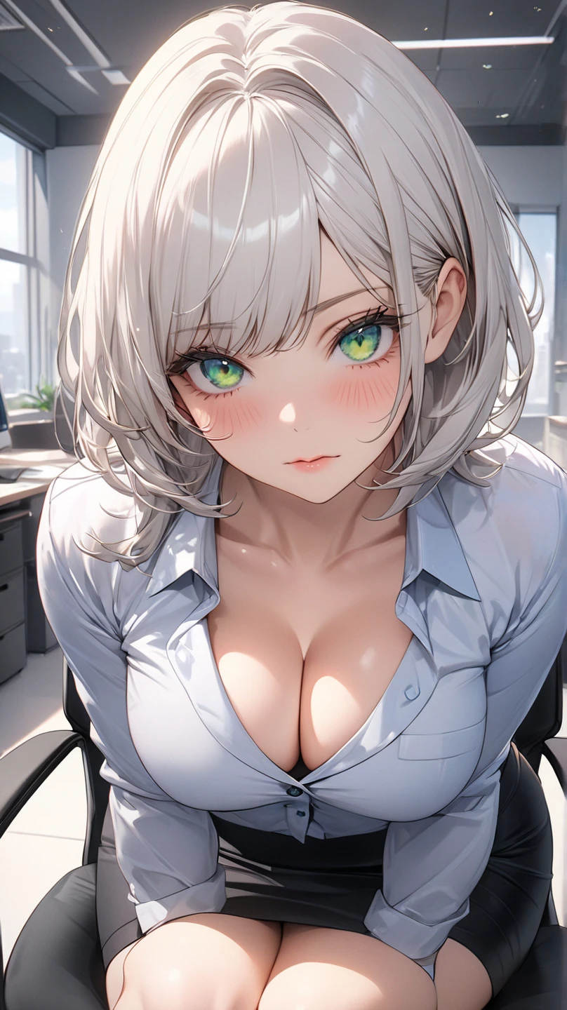 black negligee, black panties, thong, collarbone, masterpiece, best quality, high resolution, dark persona, watercolor painting theme, cum on face, cum on chest), (looking at the viewer: 1.1), wide hips, big ass, tojo koneko, yellow eyes, white hair, short hair, cat ears, pinched ears, shirt, black ribbon around the neck, erotica, legs apart, sitting on a chair