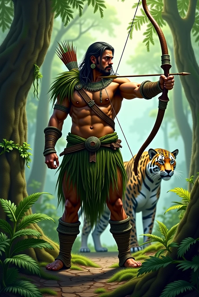 photorealism. A satyr lurked in the thick, dark thickets of fern leaves.. The satyr has waist-length yellow hair and a side bang. Very small horns. His legs are always completely covered with brown fur and always have hooves.. The satyr has a bare torso with a heart tattoo on his chest. Skin color tanned, Faun Ears. The satyr's appearance is Korean. He's a handsome guy. He shoots an arrow from a bow from the fern thickets, A kind jaguar next to him. And this satire has fawn legs. The jaguar hunts with him.
