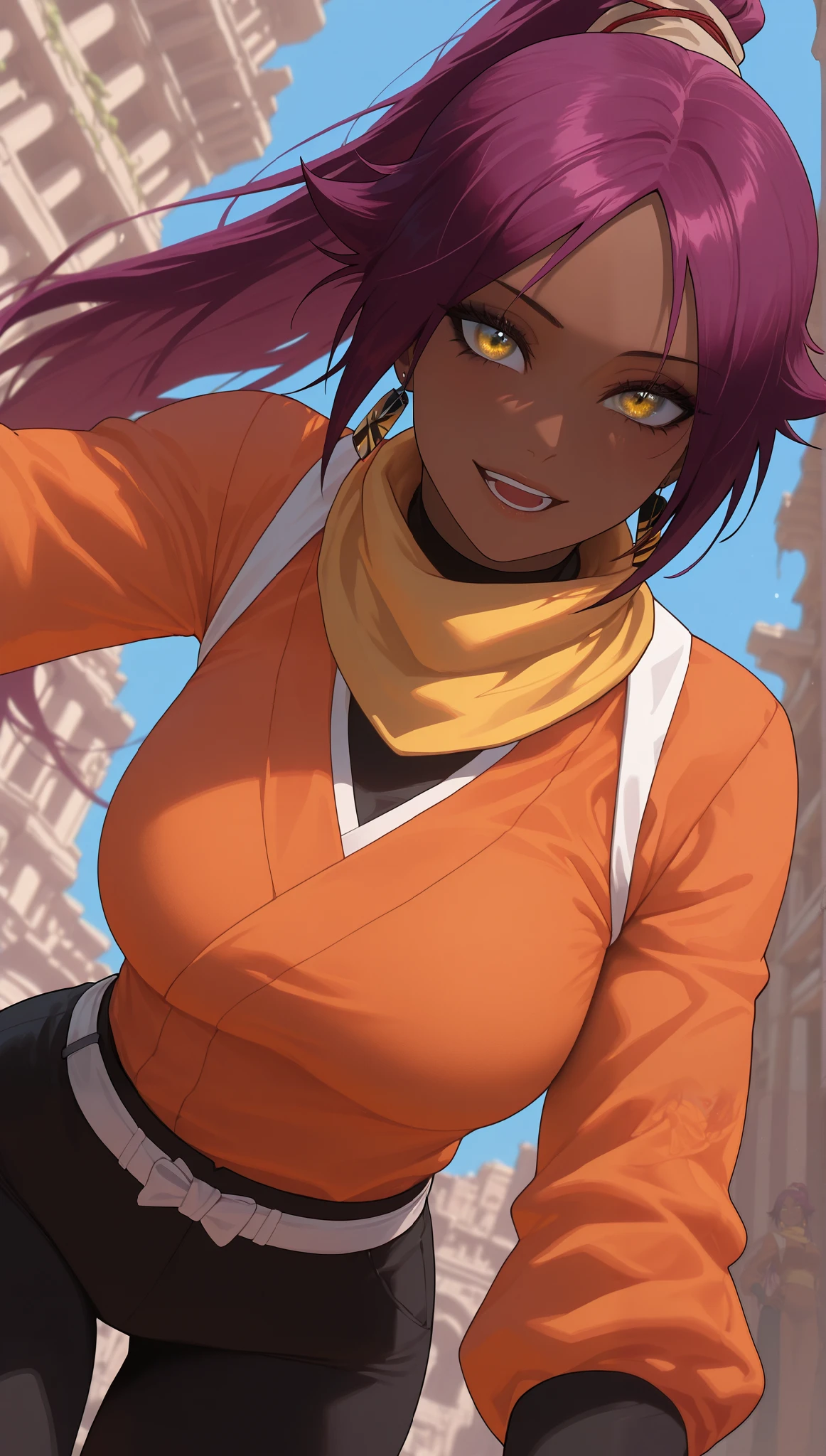 (masterpiece), (portrait), medium breasts (aesthetics), ((1 female 21 years old)), Highlight earrings), ((long hair)), ((Hot crystal dark purple hair, high ponytail)), ((Yoruichi Shihouin)) straight hair, thin eyes open, yellow eyes, cute, naughty, all sensual and blushing, mischievous smile, woman, feminine, beautiful, female features, top, high quality, aesthetic clothing, professional angle, (rule of thirds), (feminine), , (beautiful) , (female ) features), solo, (Korean attractive), summer, (ink haze), (afternoon), (vibrant light), seductive posture, ((face looking forward))), Yoruichi Shihouin, medium breasts press against the blouse, medium sleeves, orange blouse, yellow scarf, long tight black pants, sensual ((Energy)), (Bold Makeup), (big breasts), dark Skin, (Clothes with Hip Hop Details), (a hot Yoruichi Shihouin, sculptural body, sexy pose), (Sleep Neckline), Beautiful Hands, Body beautiful, beautiful ears, beautiful eyes, bright eyes, beautiful mouth, beautiful lips, ancient city in ruins, all sexy