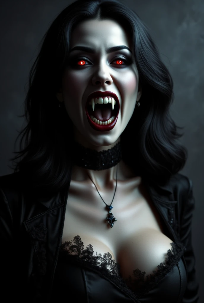 carnivorous beautiful scary female vampire, vampire fangs, A nightmarish, terrifying face, voluptuous, (gigantic sagging breasts), black victorian dress with deep cleavage, glowing eyes, (blue veins are visible through the skin all over the body and face:1.6), curvy body, seductive appearance 