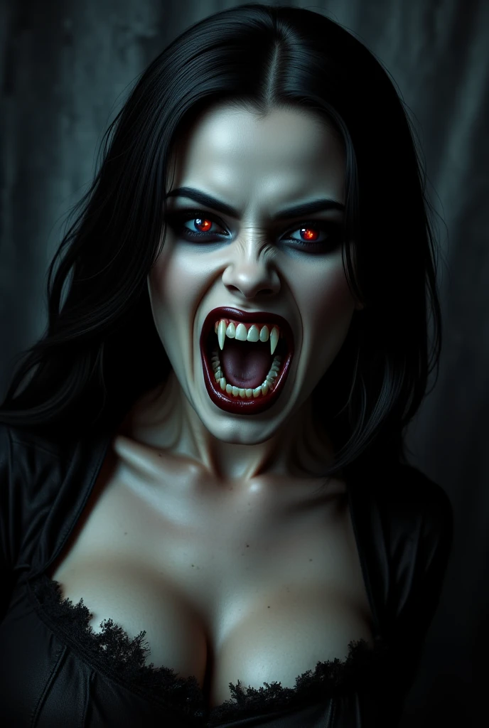 carnivorous beautiful scary female vampire, vampire fangs, A nightmarish, terrifying face, voluptuous, (gigantic sagging breasts), black victorian dress with deep cleavage, glowing eyes, (blue veins are visible through the skin all over the body and face:1.6), curvy body, seductive appearance 