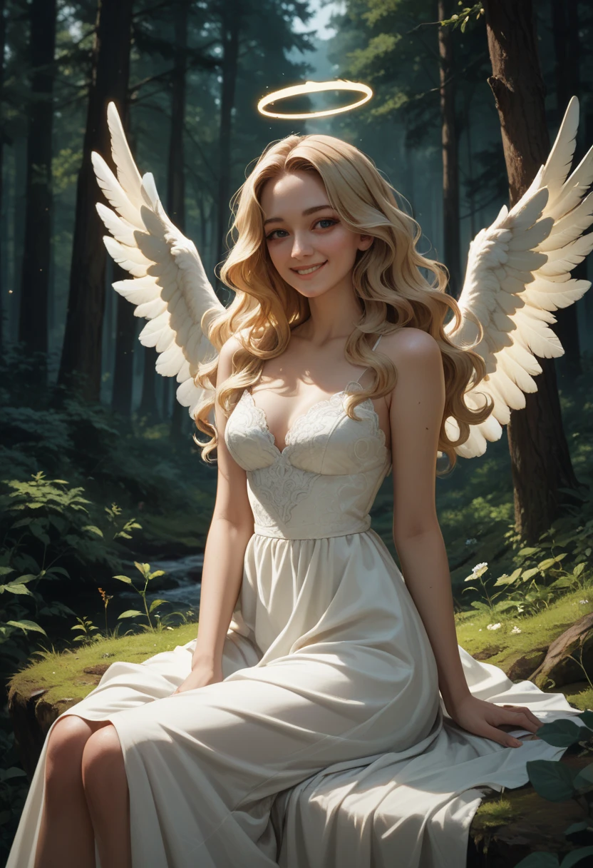 1girl, solo, blonde_hair, wavy_hair, angel, angel_wings, halo, smile, sitting, forest, white_dress