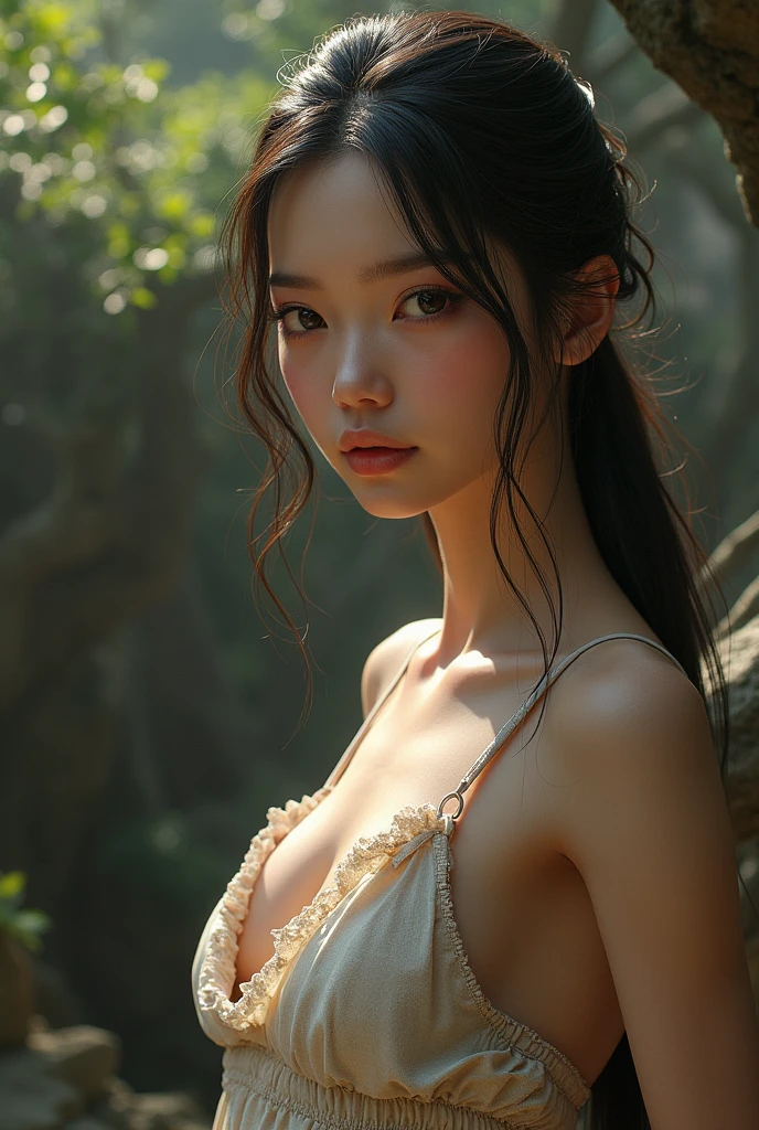 1 Female, Close-up of face, Medium chest, Light brown hair, Blunt bangs, Hair behind the ear, Hair that falls over the shoulders, Long Hair, Slim figure, Ultra Fine Face, Thin face, Delicate lips, Beautiful Eyes, Light blush, eyes are light brown, Perfect glowing skin, Perfect Skin, Shining Sweat,Have a look at this, Ultra-thin needle, Very thin fingers, The optimal ratio is four fingers to one thumb, (Realistic:1.3), Broadleaf Forest, First Person View, Super detailed, high quality, 最high quality, High resolution,Big Breasts、Deep cleavage、