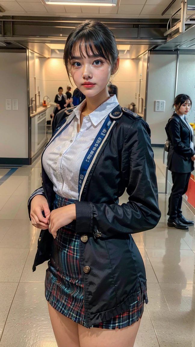 A beautiful, 24-year-old Japanese woman with perfect anatomy, healthy thighs, beautiful legs, beautiful skin, random hair color and style, large breasts, (wearing a flight attendant uniform with a mini-skirt:1.3), (she is standing:1.2), full body shot, pumps, carrying a suitcase, at the airport, (best quality,4k,8k,highres,masterpiece:1.3),(extremely detailed:1.2),realistic,photorealistic,photo-realistic:1.37,professional,vivid colors, studio lighting, harananoka