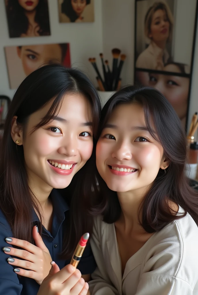Beautiful Asian Woman, long, straight black hair, big breast,  big breasts , big  ,  Big Breasts, big chest,double eyelid,  Beautiful Face,  High resolution, Realistic details, 、Woman with her mouth wide open and her tongue sticking out、Eyes are empty、Tight T-shirt、I can see a little cleavage、 Shorts,Selfie, inside her big apartment home, Selfie with her best friend,  girlfriend, friend,  Selfie with best friend 、
