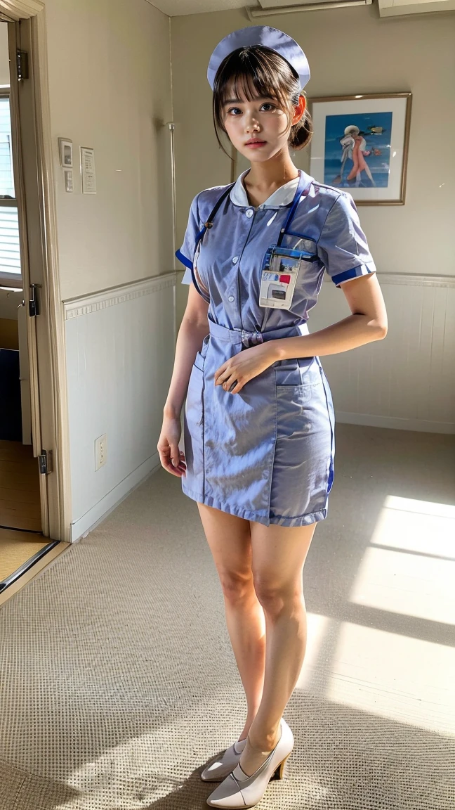 a beautiful young 24-year-old Japanese woman, beautiful, detailed anatomy, beautiful skin, random hair color and hairstyle, big breasts, nurse hat, (nurse uniform:1.3), nurse cap, (she is standing:1.2), full body shot, high heels, hospital, (best quality,8k, masterpiece:1.3), (extremely detailed:1.2), harananoka