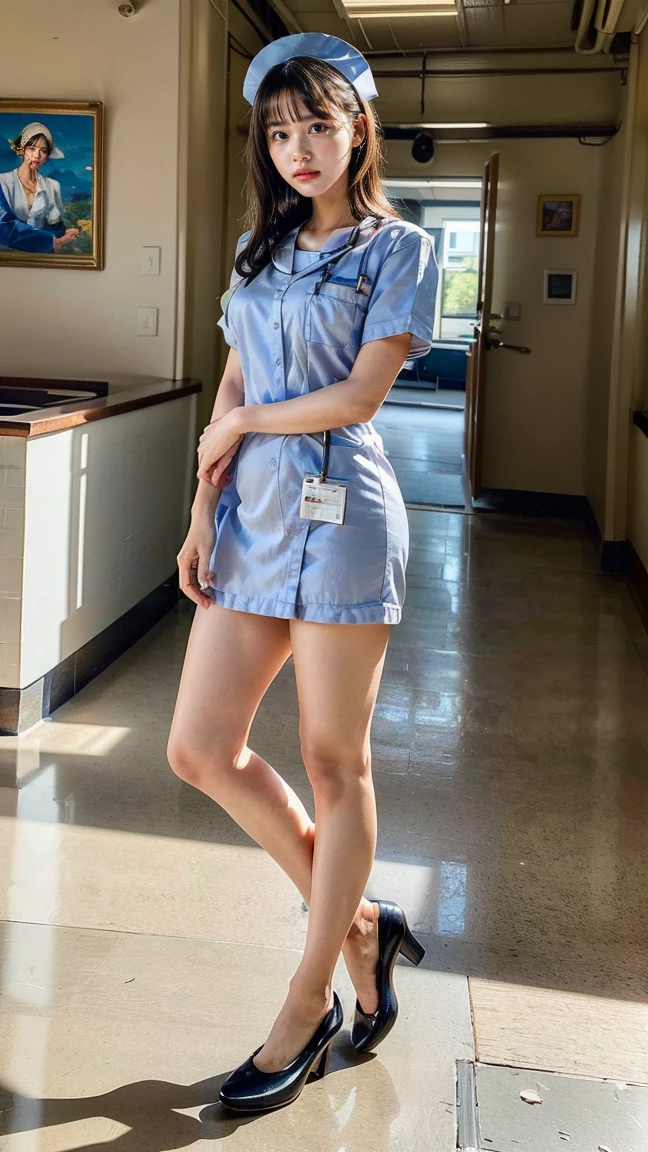 a beautiful young 24-year-old Japanese woman, beautiful, detailed anatomy, beautiful skin, random hair color and hairstyle, big breasts, nurse hat, (nurse uniform:1.3), nurse cap, (she is standing:1.2), full body shot, high heels, hospital, (best quality,8k, masterpiece:1.3), (extremely detailed:1.2), harananoka