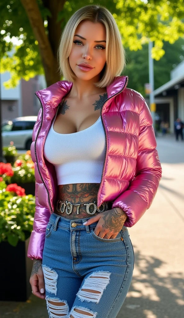 a gorgeous woman,, masterpiece, best quality, (photorealistic:1.4), (SHINY PINK CROP PUFFER JACKET:1.25), (white ribbed tank top:1.1), (blue ripped jeans:1.2), background posing in Amsterdam, red light district Amsterdam, green trees, beautiful flowers, sunny day, cinematic light, beautiful woman, skinny, blonde hair, detailed face, facing the camera, photo taken from a distance