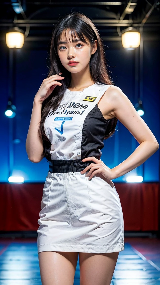 A beautiful Japanese woman, 20 years old, perfect anatomy, healthy thighs, beautiful legs, beautiful skin, random hair color, random hairstyle, large breasts, race queen, (race queen costume:1.3), zent, (she is standing:1.2), full body shot, high heels, racing circuit, (best quality,4k,8k, highres, masterpiece:1.3), (extremely detailed:1.2),photorealistic, cinematic lighting,HDR,professional photography, vivid colors, harananoka