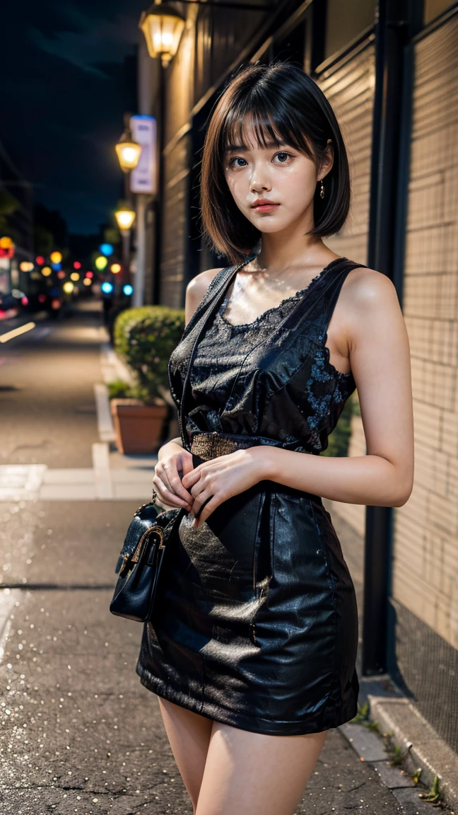 a beautiful young Japanese woman, 24 years old, with healthy thighs, beautiful legs, flawless skin, random hair color and hairstyle, large breasts, a hostess wearing a hostess dress, high heels, (she is standing:1.2), full body shot, holding a purse in one hand, on a busy city street at night, (best quality,4k,8k,highres,masterpiece:1.3),(extremely detailed:1.2),detailed anatomy,photorealistic,vibrant colors, dramatic lighting, harananoka