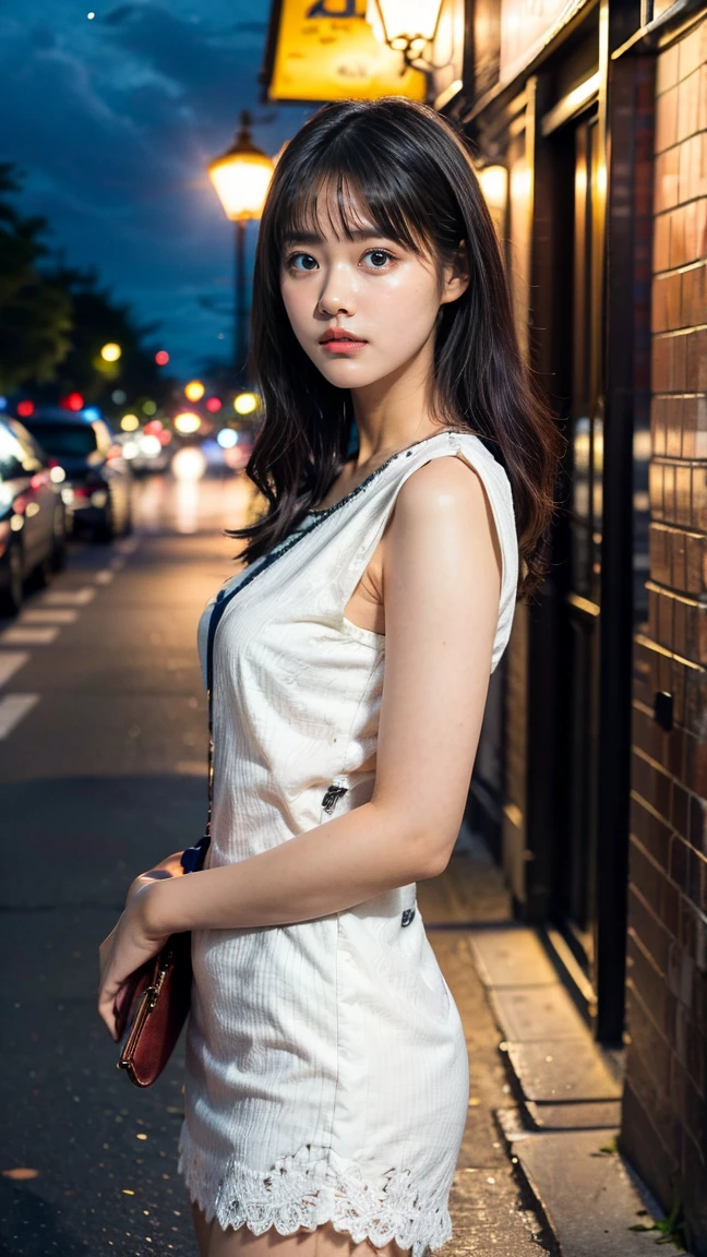 a beautiful young Japanese woman, 24 years old, with healthy thighs, beautiful legs, flawless skin, random hair color and hairstyle, large breasts, a hostess wearing a hostess dress, high heels, (she is standing:1.2), full body shot, holding a purse in one hand, on a busy city street at night, (best quality,4k,8k,highres,masterpiece:1.3),(extremely detailed:1.2),detailed anatomy,photorealistic,vibrant colors, dramatic lighting, harananoka