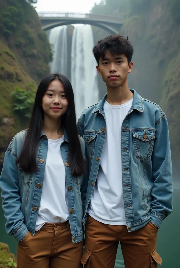 Portrait of a slightly chubby Indonesian young man wearing a slim black leather jacket and a young woman wearing a t-shirt,Selvi is taking a photo with a young man in front of a waterfall tourist spot,real best quality