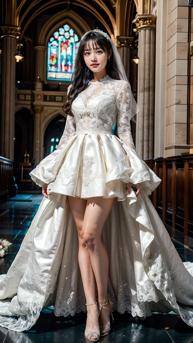 A beautiful young Japanese woman, 26 years old, with healthy thighs, beautiful legs, flawless skin, random hair color and style, large breasts, wearing a (wedding dress:1.3), (she is standing:1.2), full body shot, high heels, holding a bouquet in her hands, in a church setting, (best quality,8k, masterpiece:1.3), (extremely detailed:1.2), perfect anatomy, harananoka