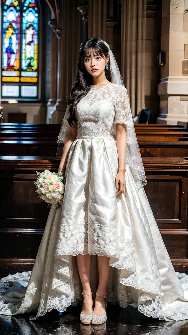 A beautiful young Japanese woman, 26 years old, with healthy thighs, beautiful legs, flawless skin, random hair color and style, large breasts, wearing a (wedding dress:1.3), (she is standing:1.2), full body shot, high heels, holding a bouquet in her hands, in a church setting, (best quality,8k, masterpiece:1.3), (extremely detailed:1.2), perfect anatomy, harananoka