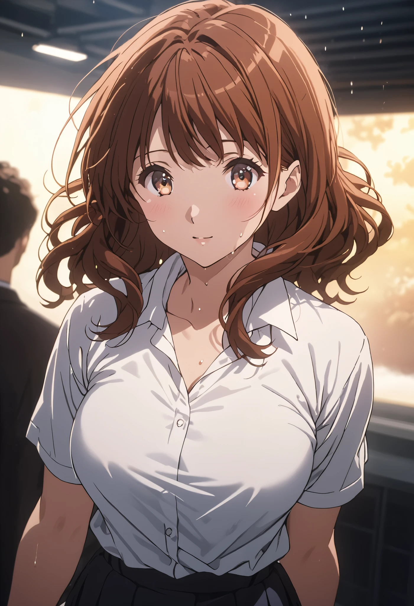 masterpiece, Best Quality, High resolution,16k,official art,super detailed skin,detailed,animated painting, (Kumiko Oumae:1.3),1990s \(style\),(white shirt,mini skirt:1.3)、(E-cup beautiful breasts)、clevage, (tall:1.2),height: 170cm,Fashion model body type、Sweating all over the body、vapor、Muscular、(sexy),nsfw,Sweaty、Configuration from the front、happy,Anime-style painting style,brown Hair,medium wavy Hair、Close up on full body,Cinematic lighting,Superfine,in the school,night,winter,(sexy),