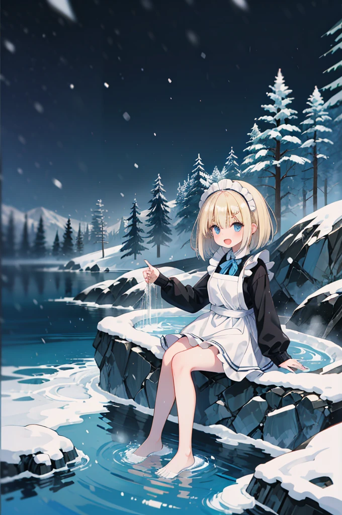 (8k,  super high quality , masterpiece:1.2),  ultra high definition,  cute,  girl , solo, whole body, Blonde, Blue Eyes,  small tits,  in white and black maid clothes , black dress,  white apron,  apron dress,  headband,  blue bow , night,  Fantastic Scenery, Warm lighting, Thick Fog, outside,  Open-air Bath, Sitting on the edge of the bathtub, Foot bath, Just the legs湯に浸ける,  Snow Scenery ,  it's snowing,  bathtub made of rock, Just the legs, Foot bath,  open your mouth, Snow on the body, 