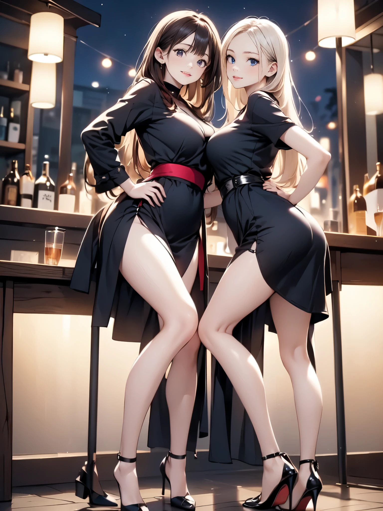 (masterpiece:1.3),(best quality, highest quality),((Full Body Shot,Including face)),1girl,Standing position,4K,masterpiece,((Focus on the face)),((Symmetrical facial features)),Beautiful woman,(slender,Beautiful feet),((Thigh-high boots)),Detailed depiction of the face,bar counter,Cafe,Realistic,,Eyes warp,Red and gold long dress,Chinese clothing,night,Spotlight,Short slit,