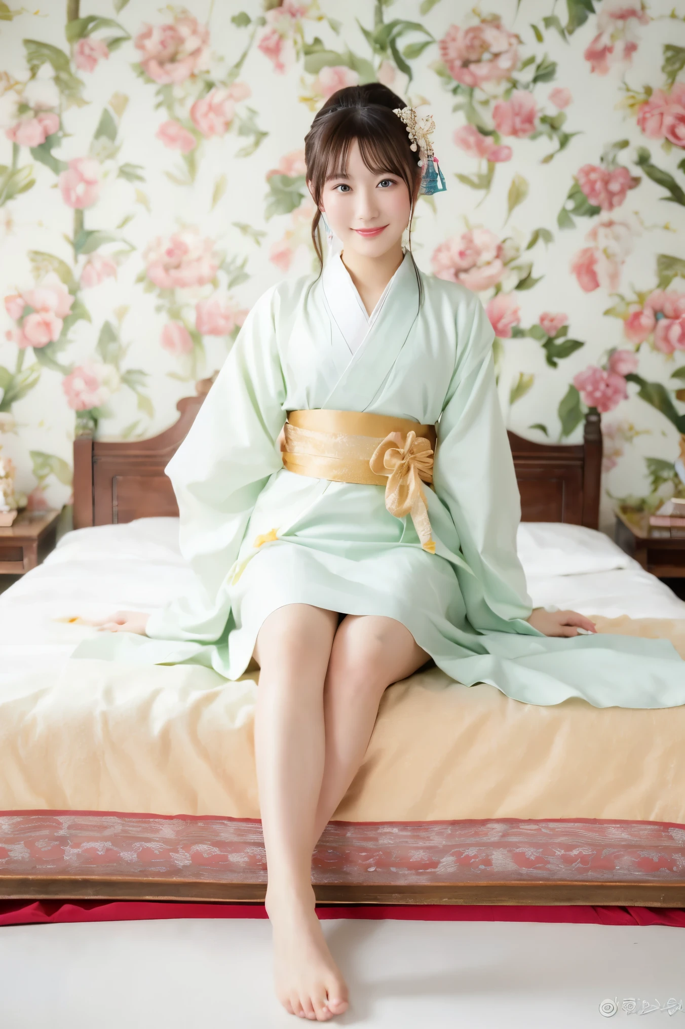 16k ultra-fine CG wallpaper ,masterpiece, Excellent picture quality ,超級Exquisite),(Excellent light ,Exquisite), smooth skin , bright face , 18K close-up Perfect display ,variation,cute,A girl wearing a very formal Tang Dynasty kimono,f cup,Lie on a large white bed, Colorful gem-like eyes。 Full Body Photo , to show your favorite expression on your face,I want to make you happy and keep smiling,(((((( Full Body Photo ))))))