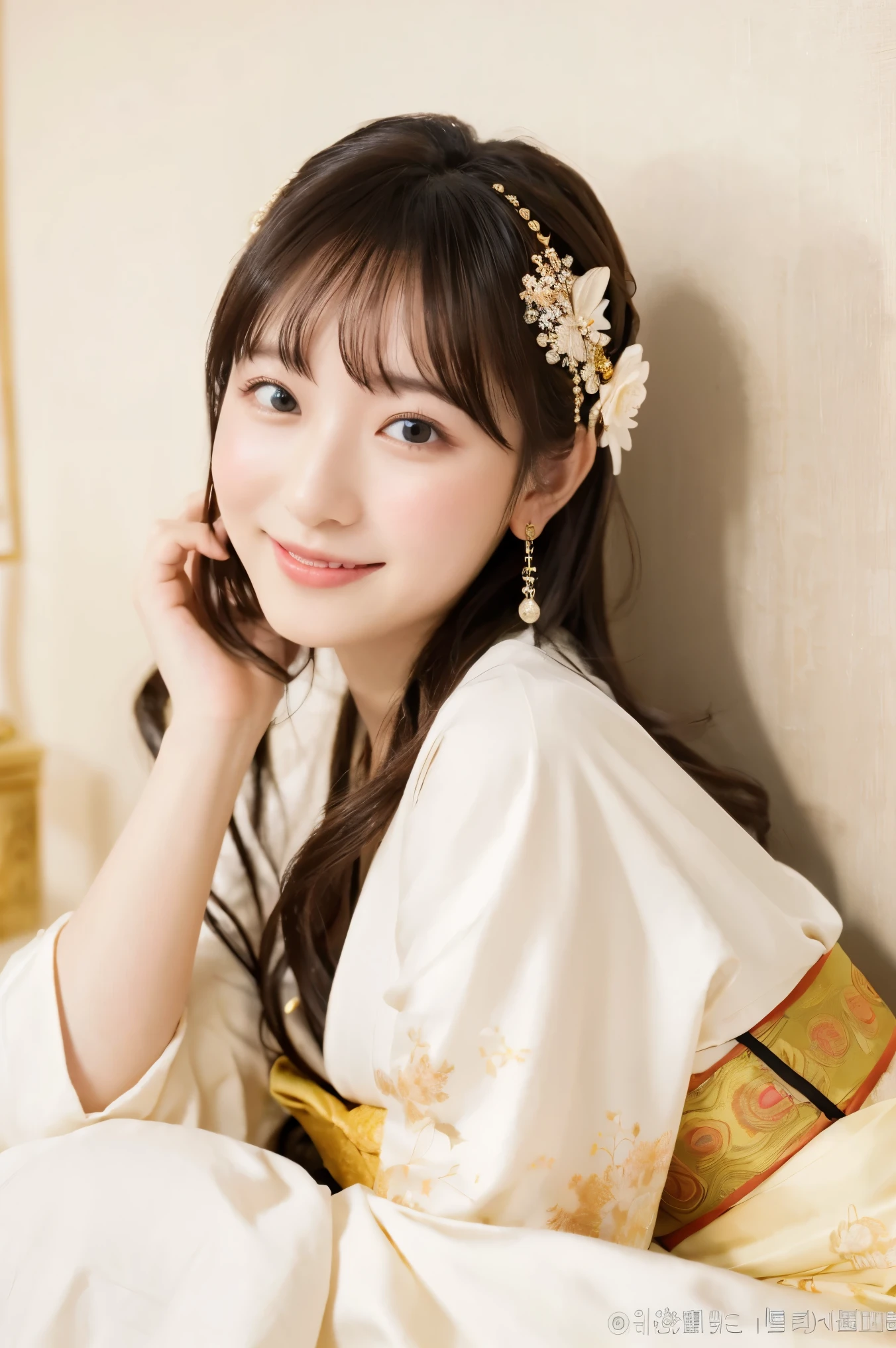 Best-quality, Masterpiece, Ultra-High-Resolution, (Photorealistic:1.4), Raw-Photo, 1girl, the most famous Japanese idol, wearing Japanese-KIMONO, upturned ass that wearing Japanese-KIMONO, looking at viewer, innocent-smile, the most cute face, the most beautiful big-eyes, the most beautiful hair, the most beautiful skins, the most beautiful long-eyelashes, the most beautiful lips, the most beautiful hip