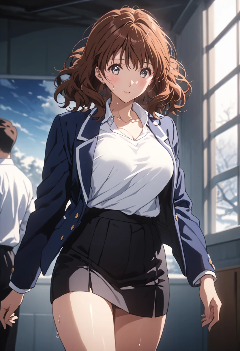 masterpiece, Best Quality, High resolution,16k,official art,super detailed skin,detailed,animated painting, (Kumiko Oumae:1.3),1990s \(style\),(navy jacket,white shirt,black mini skirt:1.3)、(E-cup beautiful breasts)、clevage, (tall:1.2),height: 170cm,Fashion model body type、Sweating all over the body、vapor、Muscular、(sexy),nsfw,Sweaty、Configuration from the front、happy,Anime-style painting style,brown Hair,medium wavy Hair、Close up on full body,Cinematic lighting,Superfine,in the school,winter,(sexy),