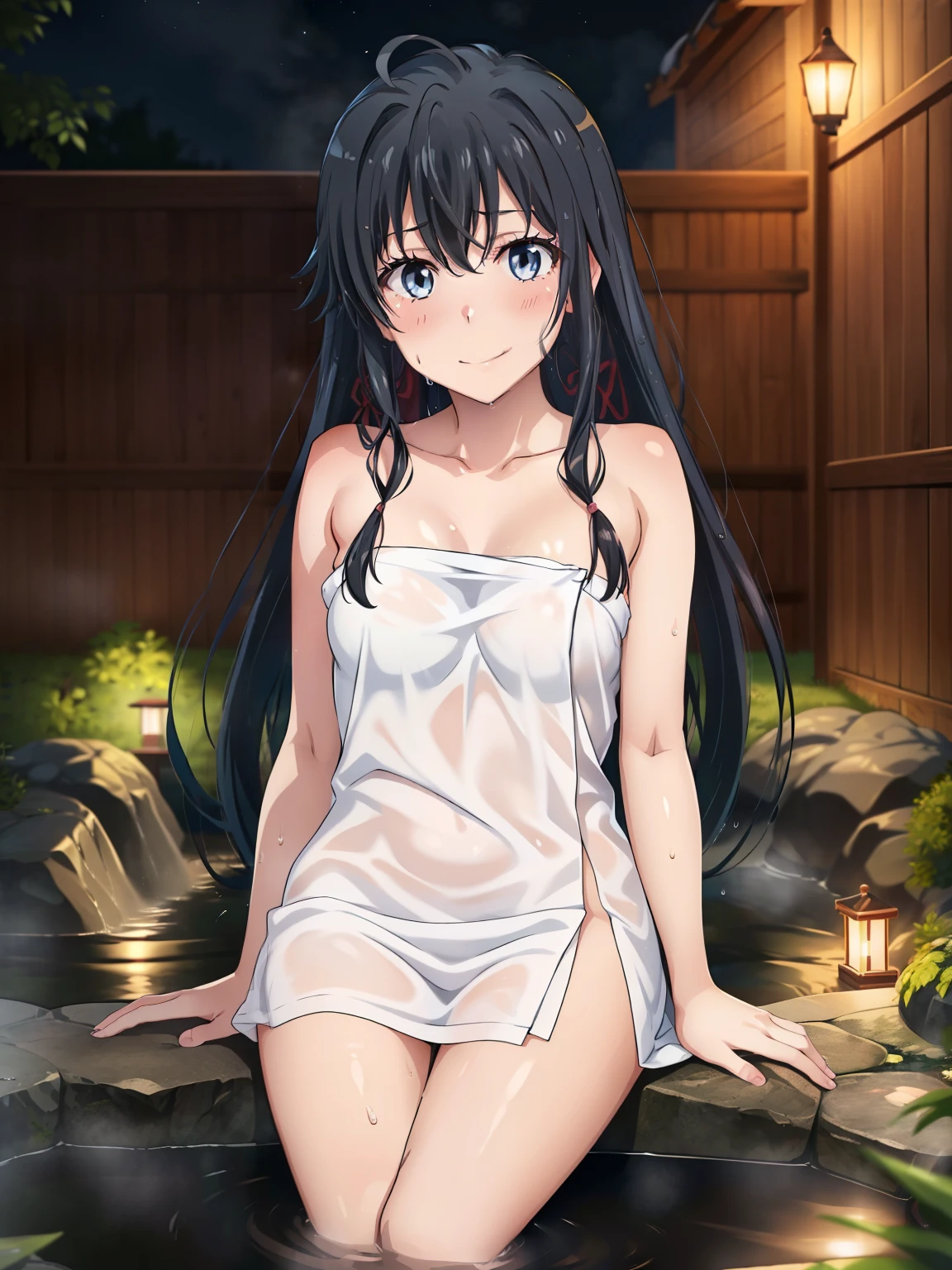 score_9, score_8_up, score_7_up, source_anime,nibelcole, nibelcole, long hair, blue eyes, black hair, hair between eyes, twintails, very long hair, hairband, low twintails, white hairband,nude, naked, outdoors, onsen, towel, naked towel, steam, bathing, nude cover, partially submerged, water, bath, steam censor, wet towel, blush,looking at viewer, solo, cowboy shot, dutch angle,nipples,nude