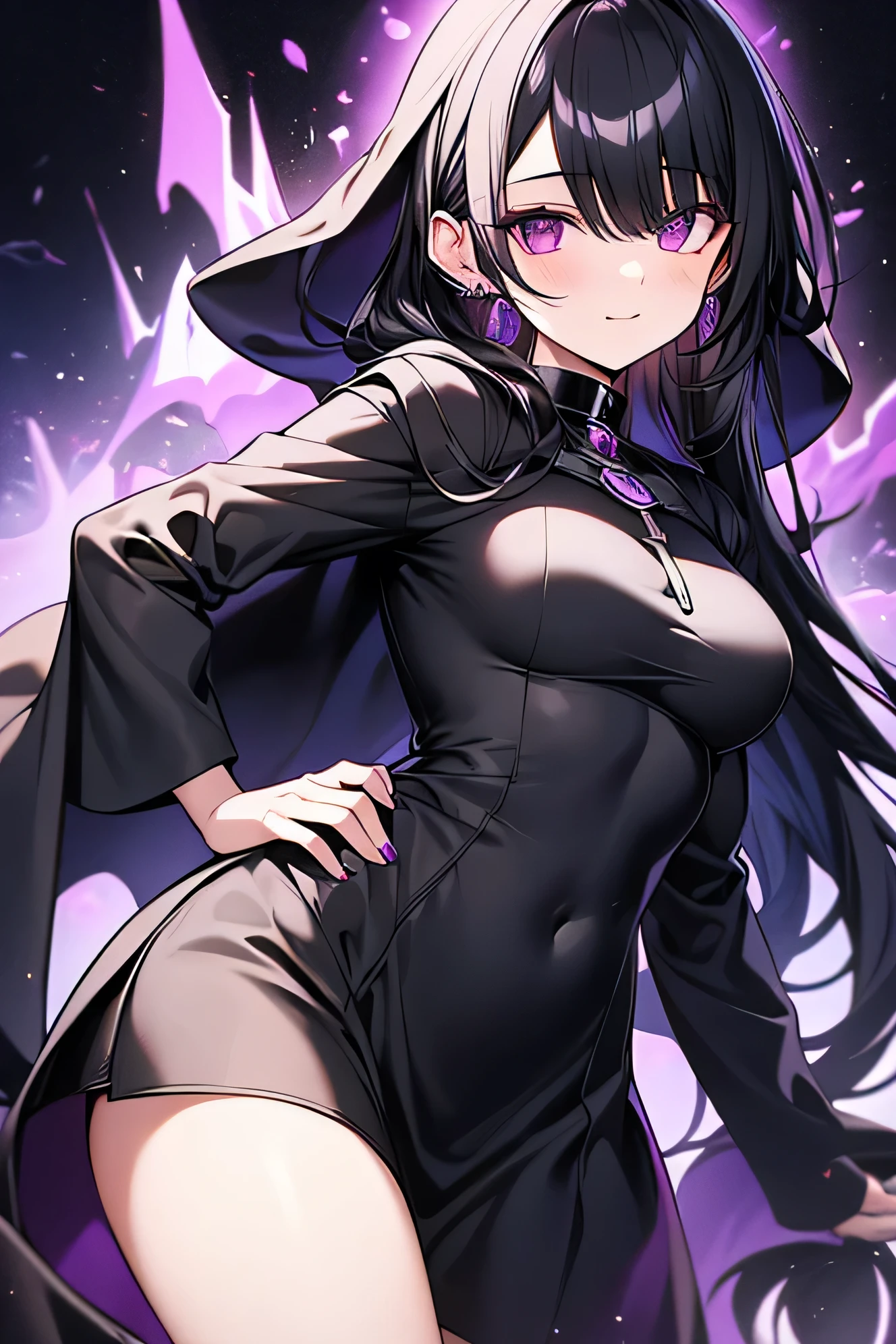 Anime black hair galaxy entity, she is dressed with an elegant black gown and wears a collar with a magic circle in it. She has long hair, she looks divine, huge ass, masterpiece, HD, Highres, Dirty socks. Foot focus