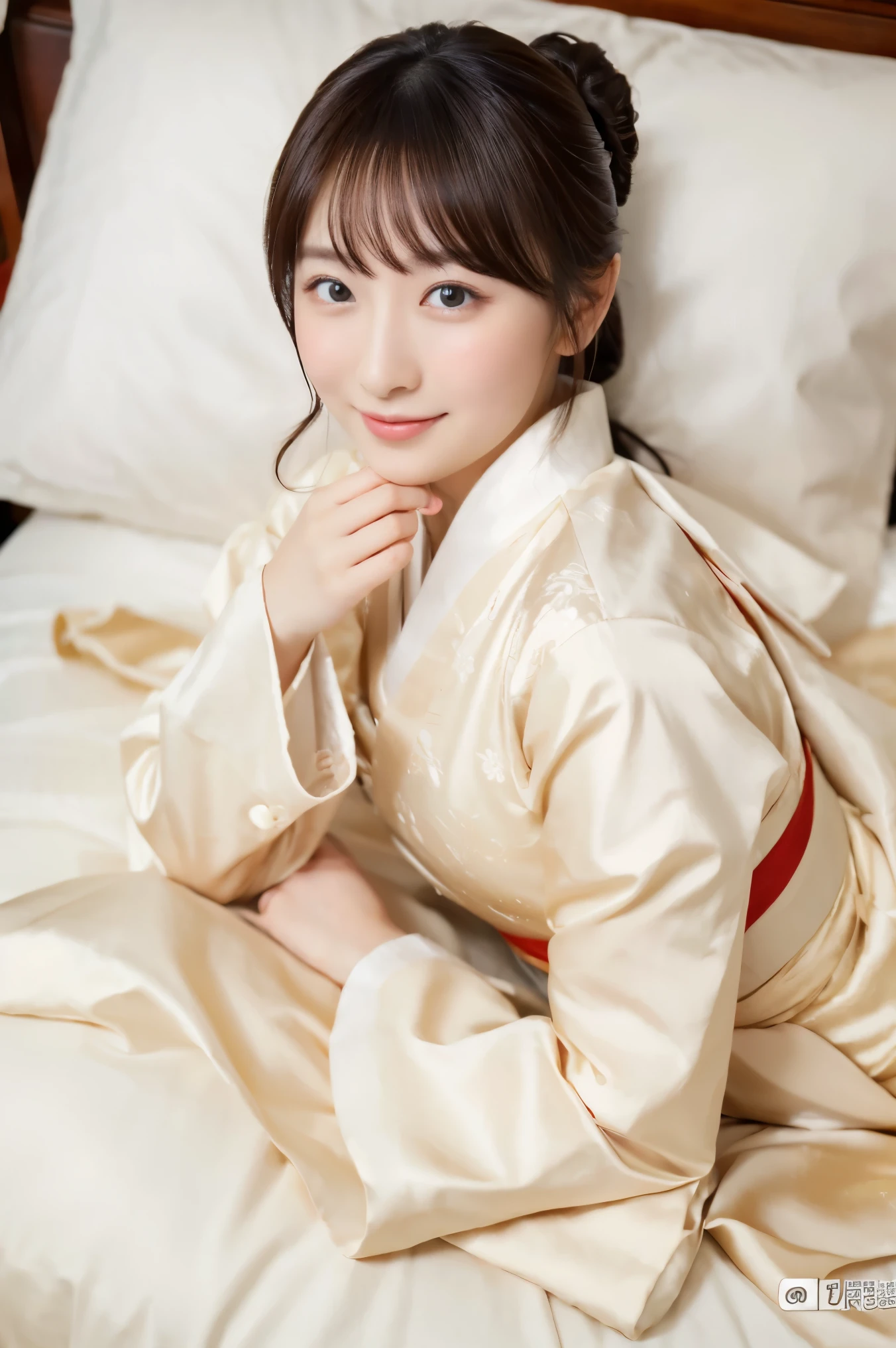  16k ultra-fine CG wallpaper ，masterpiece， Excellent picture quality ，超級Exquisite），（Excellent light ，Exquisite）， smooth skin ， bright face ， 18K close-up Perfect display ，variation，cute，A girl wearing a very formal Tang Dynasty kimono,f cup，Lie on a large white bed， Colorful gem-like eyes。 Full Body Photo , to show your favorite expression on your face,I want to make you happy and keep smiling,(((((( Full Body Photo ))))))