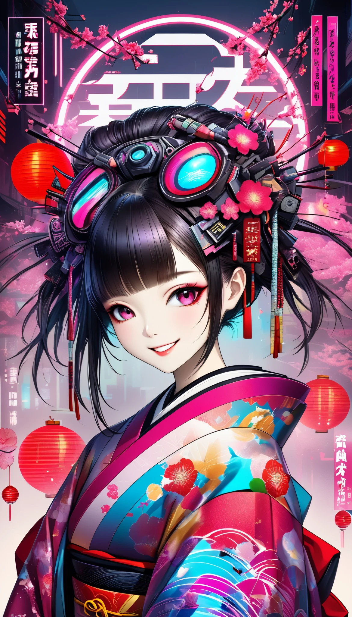 A new style like no other ,  digital design poster using brilliance ,  expresses the glamor of the new year in detail ,  Let's make a poster full of smiles that combines cyberpunk and traditional Japanese beauty