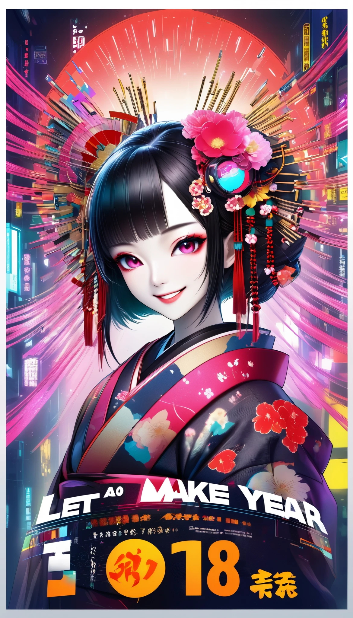 A new style like no other ,  digital design poster using brilliance ,  expresses the glamor of the new year in detail ,  Let's make a poster full of smiles that combines cyberpunk and traditional Japanese beauty