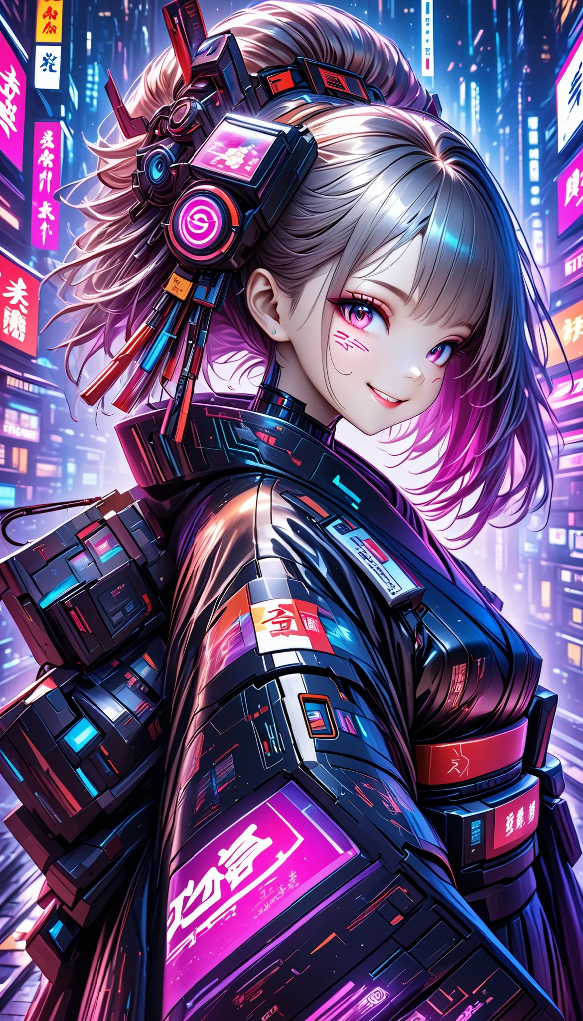 A new style like no other ,  digital design poster using brilliance ,  expresses the glamor of the new year in detail ,  Let's make a poster full of smiles that combines cyberpunk and traditional Japanese beauty