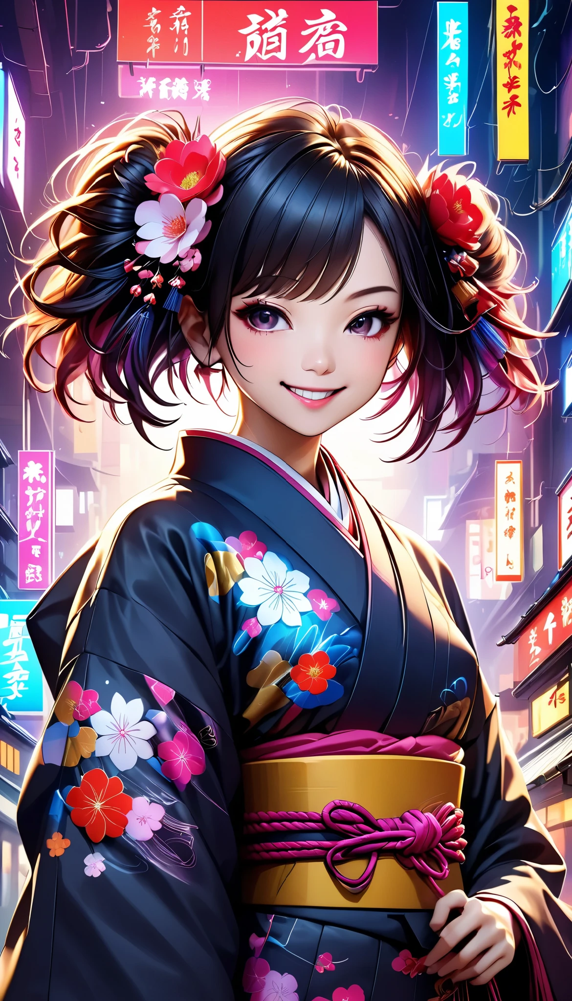 A new style like no other ,  digital design poster using brilliance ,  expresses the glamor of the new year in detail ,  Let's make a poster full of smiles that combines cyberpunk and traditional Japanese beauty