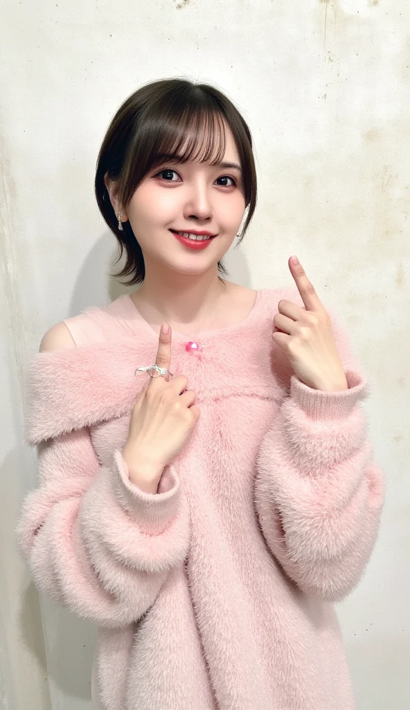 A woman with a cute smile is cute,  fluffy off-shoulder pajamas,  make a big heart with both hands , Hold it in front of your chest , View above the collarbone、  has a monotone background  

