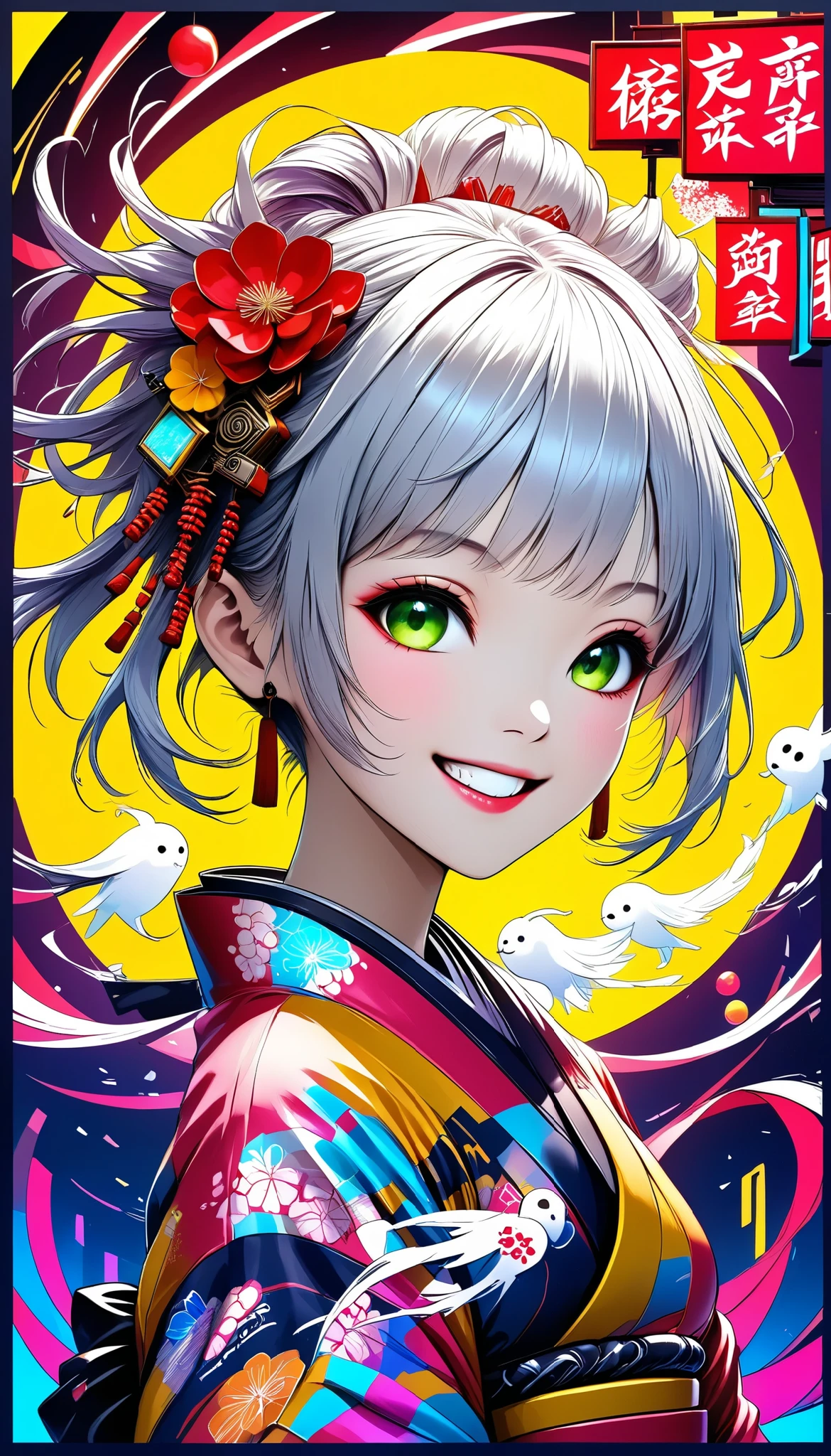 A new style like no other ,  digital design poster using brilliance ,  expresses the glamor of the new year in detail ,  Let's make a poster full of smiles that combines cyberpunk and traditional Japanese beauty