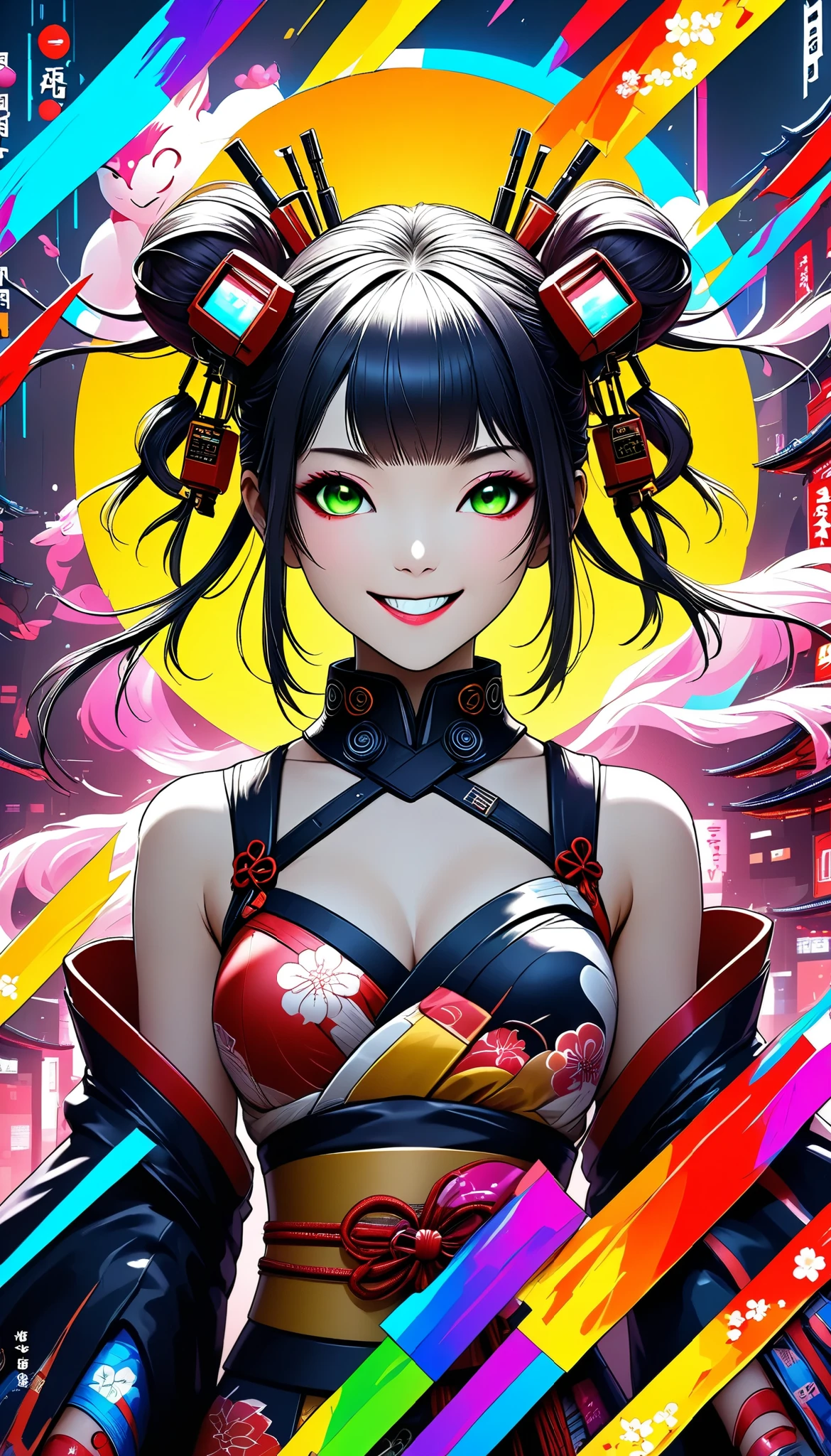 A new style like no other ,  digital design poster using brilliance ,  expresses the glamor of the new year in detail ,  Let's make a poster full of smiles that combines cyberpunk and traditional Japanese beauty