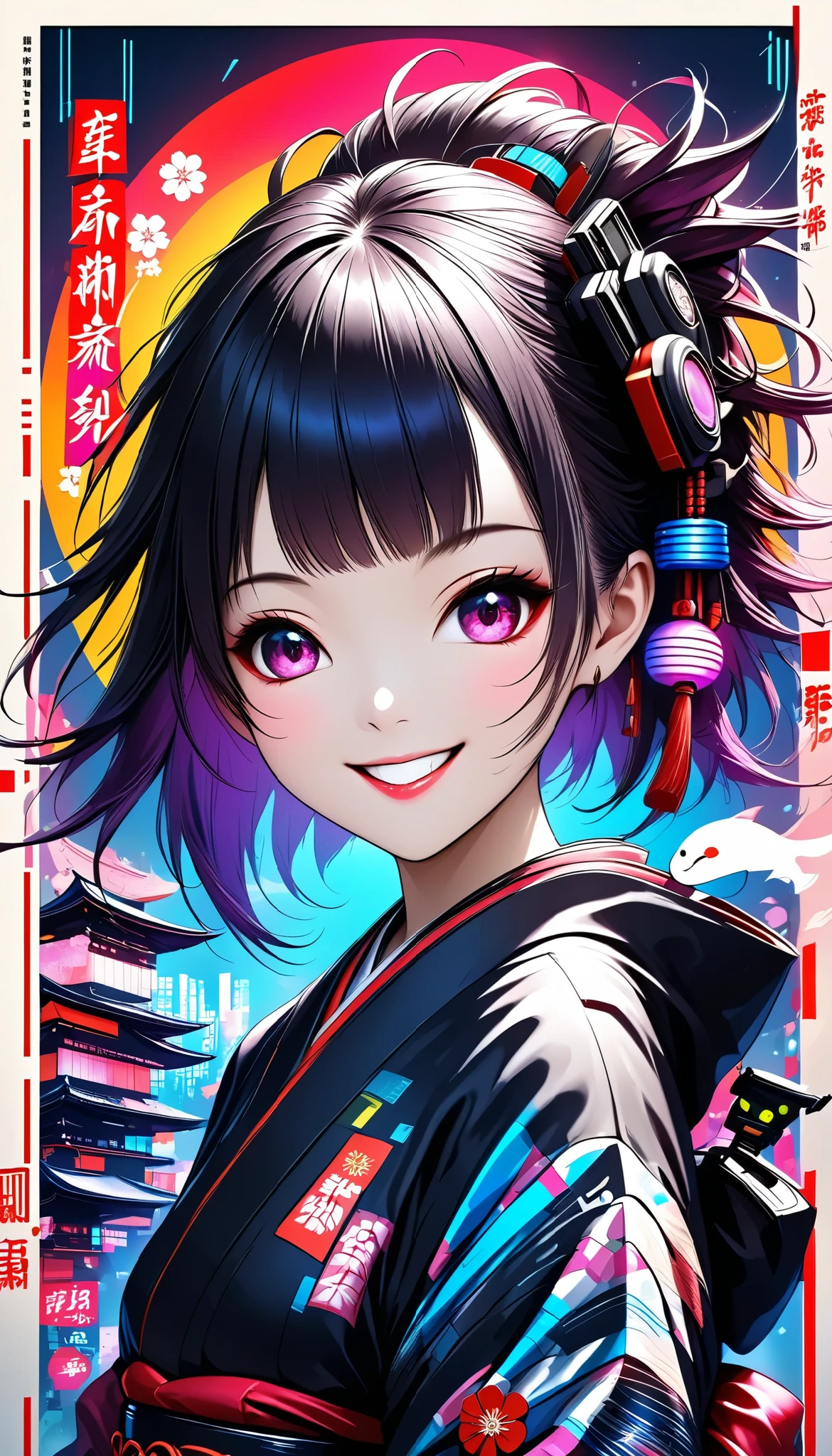 A new style like no other ,  digital design poster using brilliance ,  expresses the glamor of the new year in detail ,  Let's make a poster full of smiles that combines cyberpunk and traditional Japanese beauty