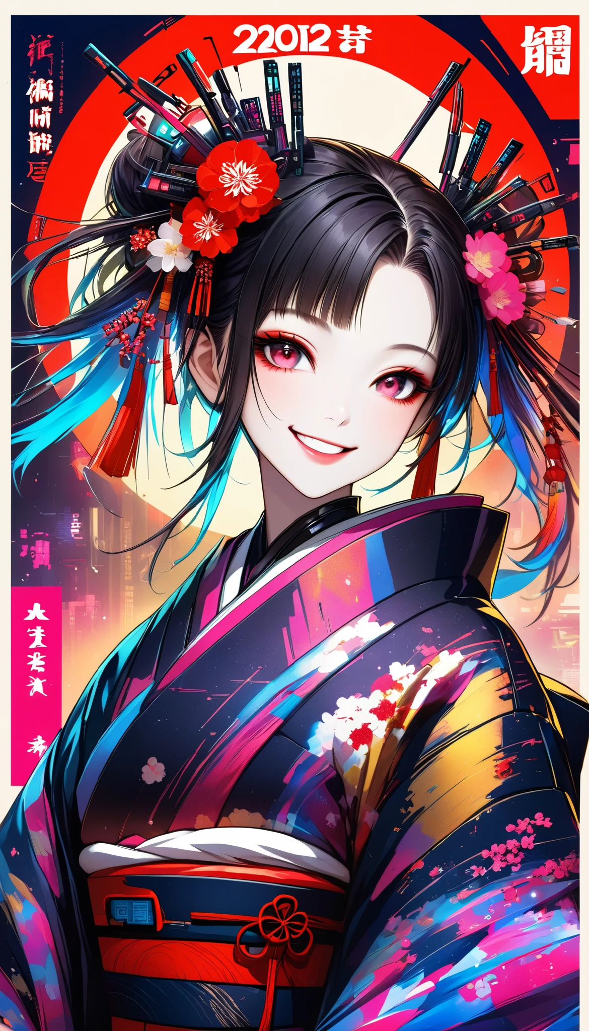 A new style like no other ,  digital design poster using brilliance ,  expresses the glamor of the new year in detail ,  Let's make a poster full of smiles that combines cyberpunk and traditional Japanese beauty