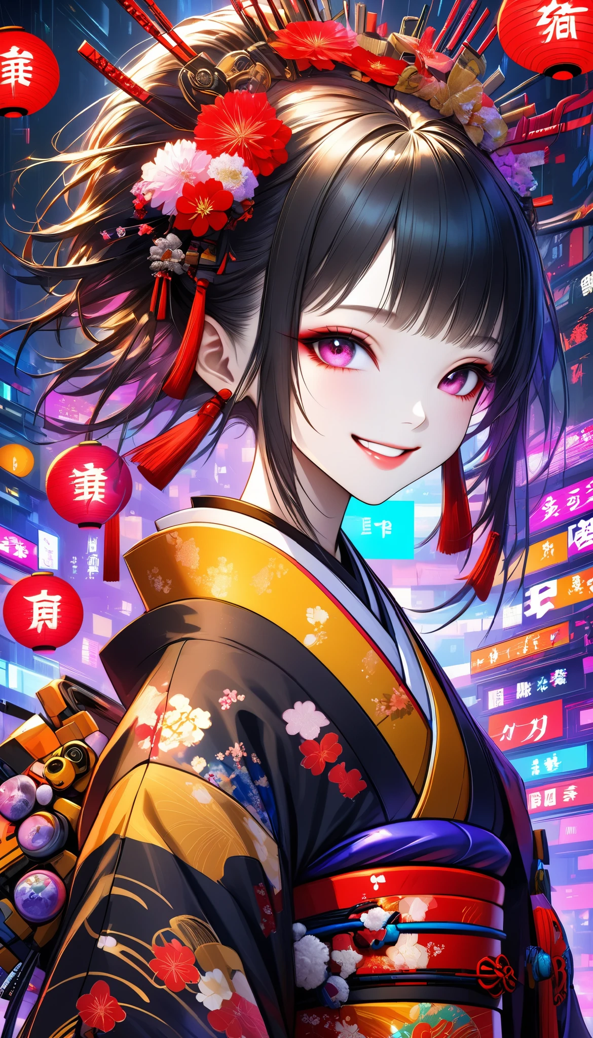 A new style like no other ,  digital design poster using brilliance ,  expresses the glamor of the new year in detail ,  Let's make a poster full of smiles that combines cyberpunk and traditional Japanese beauty