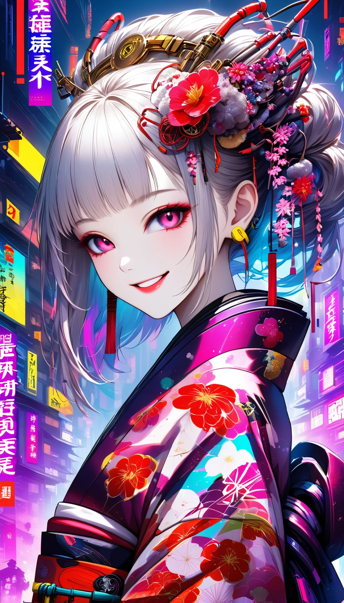 A new style like no other ,  digital design poster using brilliance ,  expresses the glamor of the new year in detail ,  Let's make a poster full of smiles that combines cyberpunk and traditional Japanese beauty