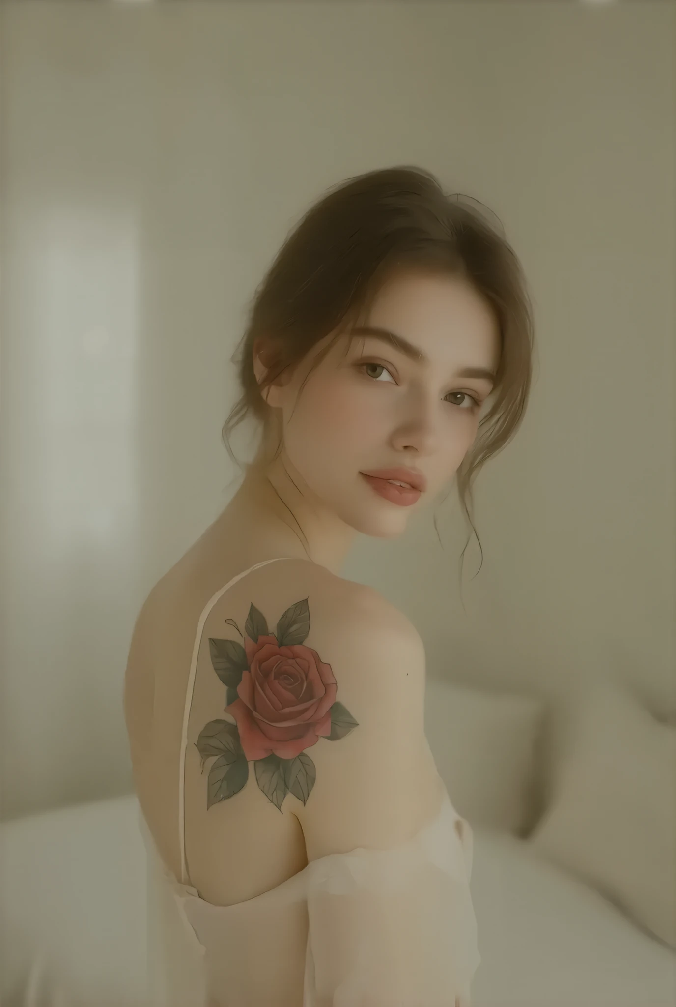 A 23-year-old European woman with light skin, a delicate beauty mark under her nose, and a rose tattoo on her shoulder. She is standing in front of a mirror, taking a selfie with her phone. She is wearing elegant lace clothing, and the background shows a softly lit, cozy bedroom. The mirror reflects her confident pose and natural beauty.