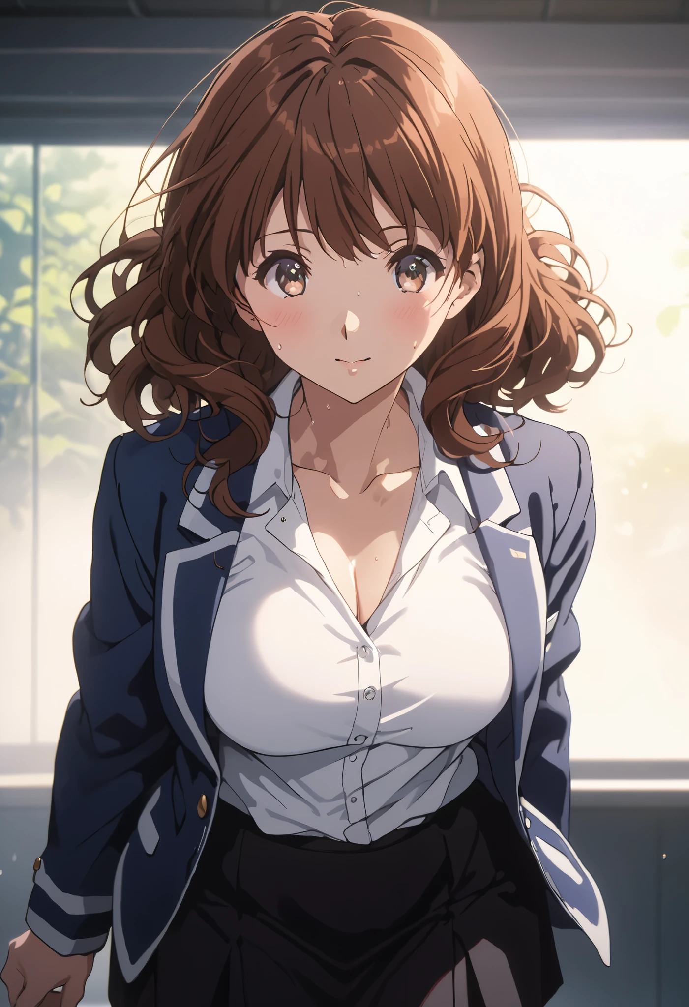 masterpiece, Best Quality, High resolution,16k,official art,super detailed skin,detailed,animated painting, (Kumiko Oumae:1.3),1990s \(style\),(navy jacket,white shirt,black mini skirt:1.3)、(E-cup beautiful breasts)、clevage, (tall:1.2),height: 170cm,Fashion model body type、Sweating all over the body、vapor、Muscular、(sexy),nsfw,Sweaty、Configuration from the front、happy,Anime-style painting style,brown Hair,medium wavy Hair、Close up on full body,Cinematic lighting,Superfine,in the school,winter,(sexy),