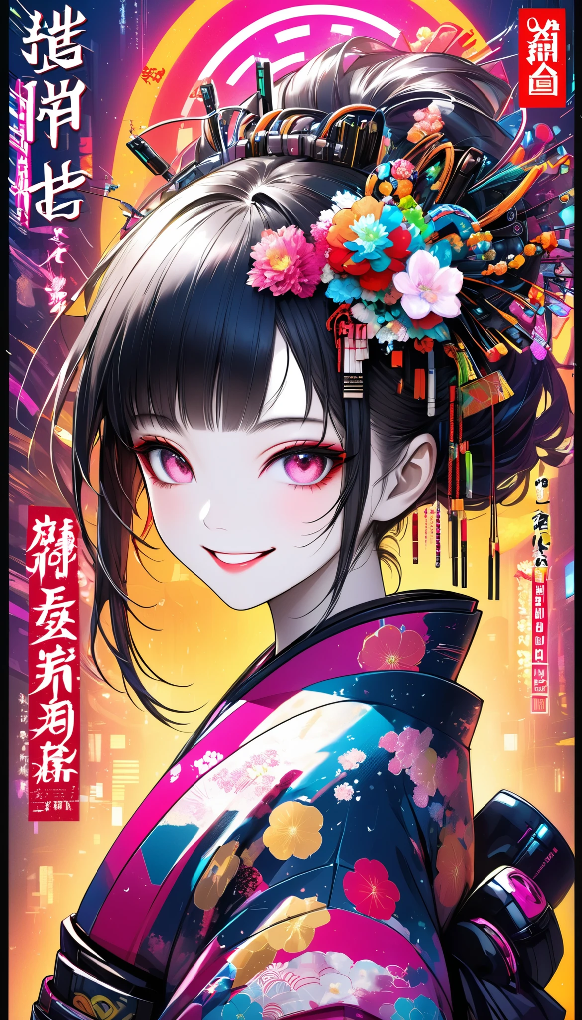 A new style like no other ,  digital design poster using brilliance ,  expresses the glamor of the new year in detail ,  Let's make a poster full of smiles that combines cyberpunk and traditional Japanese beauty