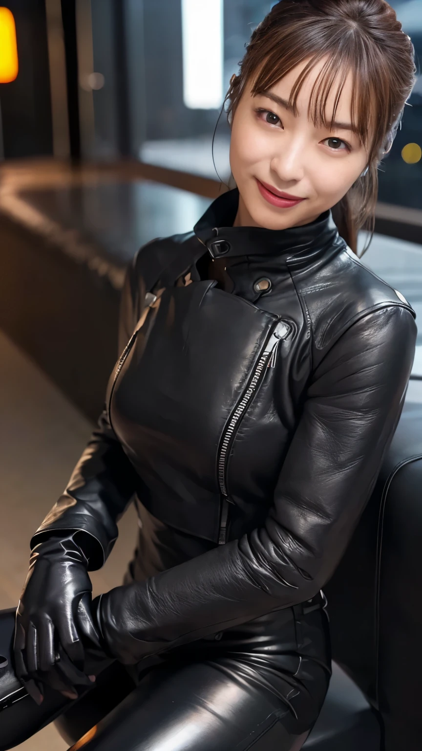 ( glossy black leather riders jacket:1.2), Office in the Dark, Black leather gloved fingertips on both hands,Wearing black leather gloves,Sitting in a black leather chair、 Japanese female new recruits (Black leather gloves cover both hands:1.4) (The angle is in front )、Black Leather Pants,Black Leather Black Leather Pants, black leather skinny pants 、(very tight fit:1.4). Black long leather boots on both feet、 dark hair ponytails((She wears black leather gloves on her hands:1.4))(Full Body Photo:1.3), full body shot full body full body leather suit ,☺(Long boots plus leather pants boots in :1.5)、Full body shot from head to toe、very tight fit. Wearing black leather gloves,Wearing black leather gloves,Wearing black leather gloves,Wearing black leather gloves,Wearing black leather gloves,Wearing black leather gloves,黒のレザーパンツが美しい😍黒のレザーパンツが美しい😍黒のレザーパンツが美しい,😍こちらを見ながら笑faceで微笑んでる,City lights、(Cyberpunk City Street:1.3))、 detailed lighting、
best image quality 、 ultra high definition、( realism:1.4)、Korean Beauty Star、The most beautiful KPOP stars、face、Horny Korean Makeup、A body that makes you want to touch it、Realistic leather texture、Costume made of smooth leather fabric、The drape of the curved parts of the leather fabric、The costume is very shiny、Quality of the costume、8K Photo Quality、(shy Smile:1.4)