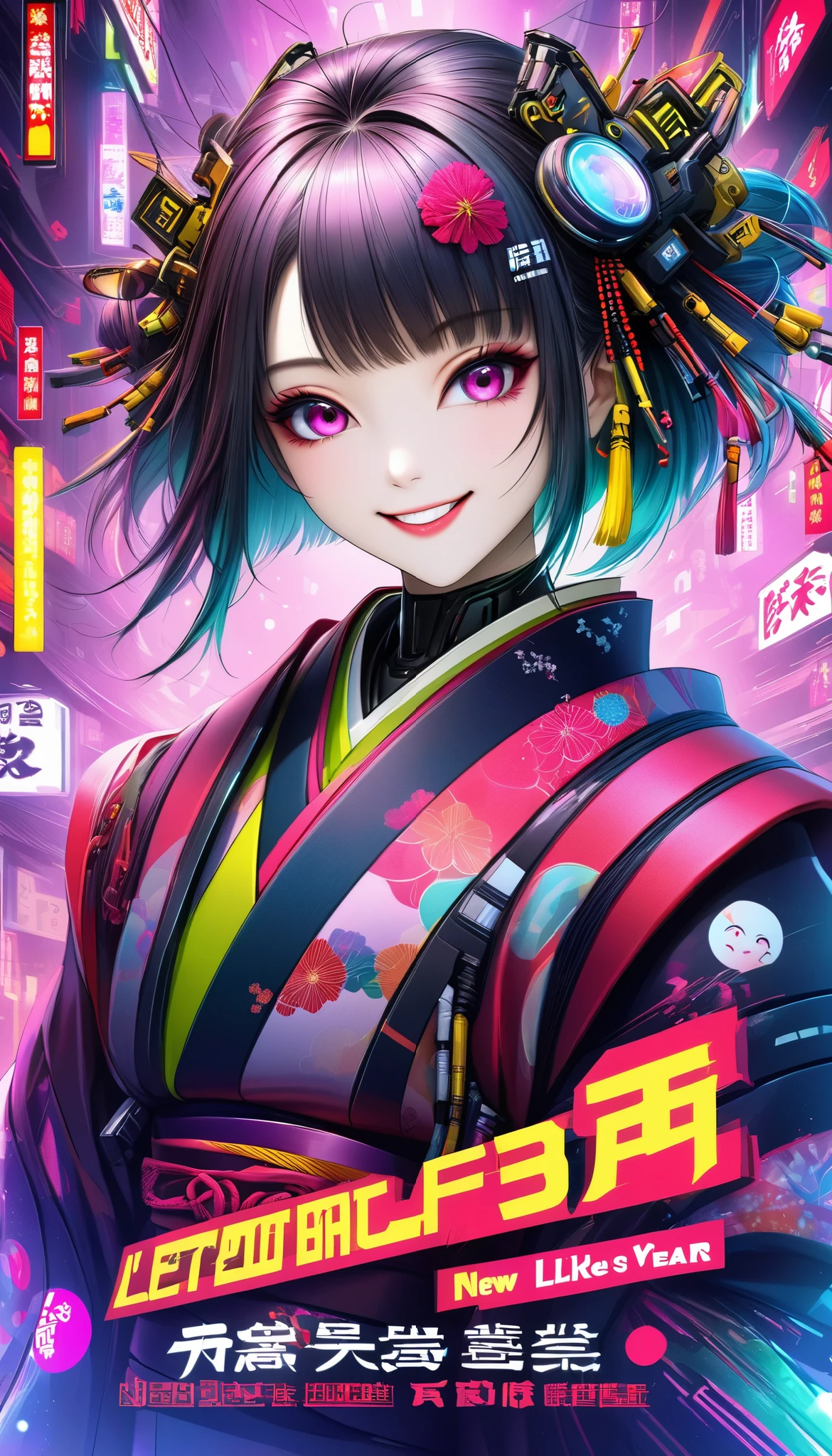 A new style like no other ,  digital design poster using brilliance ,  expresses the glamor of the new year in detail ,  Let's make a poster full of smiles that combines cyberpunk and traditional Japanese beauty