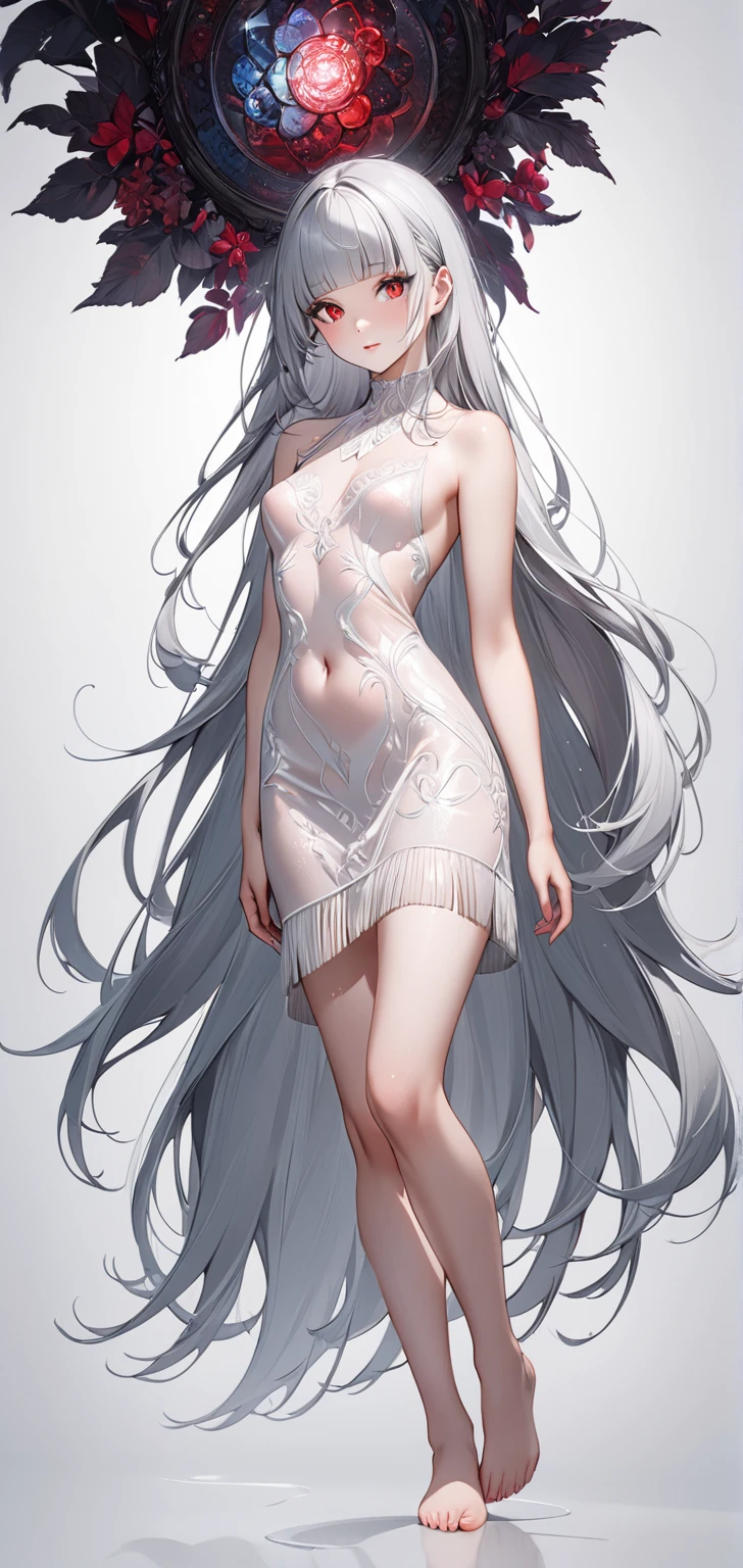 a close up of a woman in a dress standing on a white surface, translucent dress, transparent body, clear outfit design, transparent gray dress, translucent body, transparent glass woman, covered in transparent cloth, female full body, statue made of glass, full body female, full body render, draped in transparent cloth, styled like ghost in the shell, female made of ice